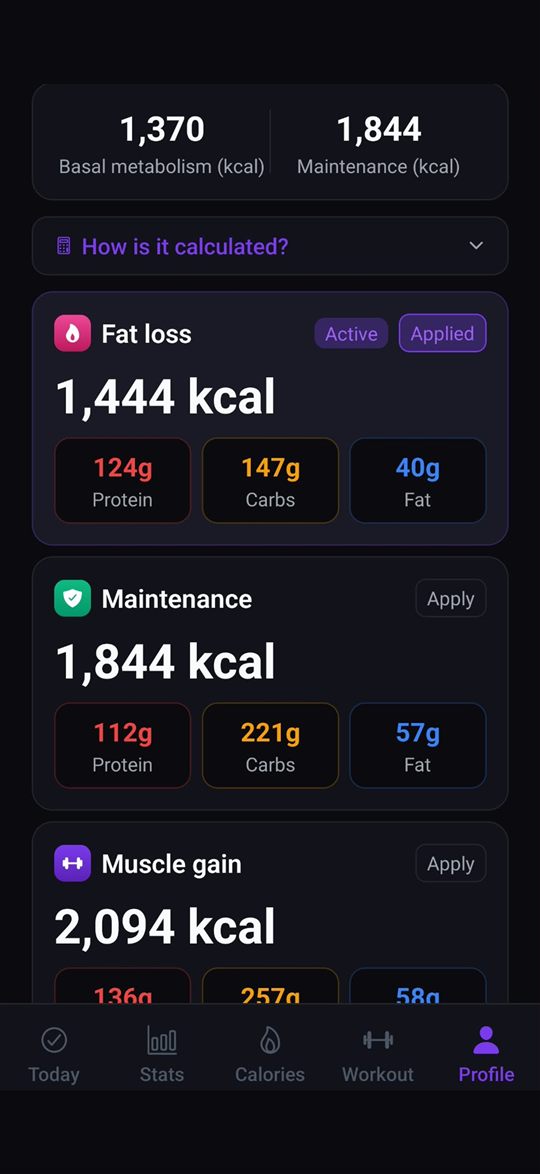 Objectifs caloriques dans Burnstreak